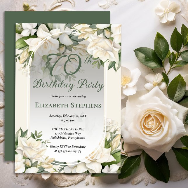 Convite Elegant White Gardenia Floral 70th Birthday Party (Elegant White Gardenia Floral 70th Birthday Party Invitations -- Print | Digital Download)