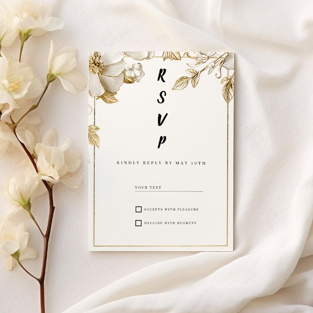 Convite Elegant white gold flowers typography RSVP (Elegant white gold flowers typography RSVP )