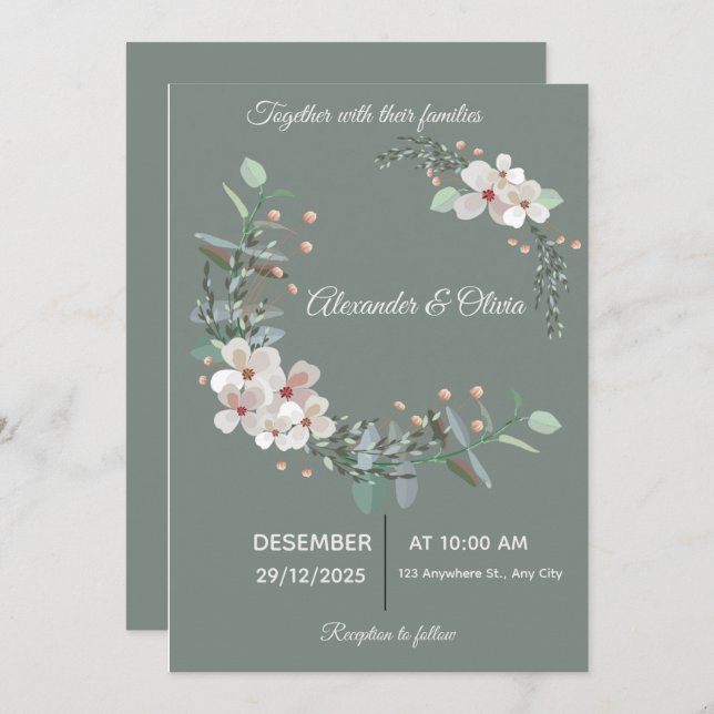 Convite Elegant White & Green Wedding Invitation (Frente/Verso)