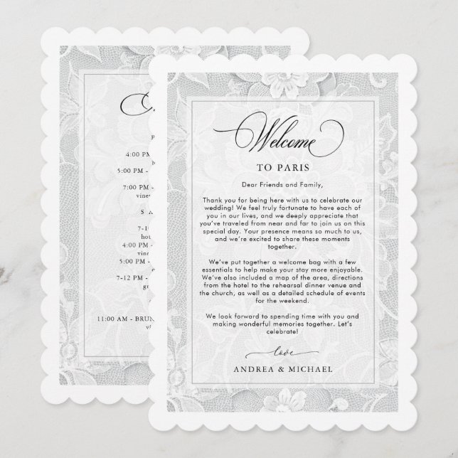 Convite Elegant White Lace Wedding Welcome Itinerary Card (Frente/Verso)