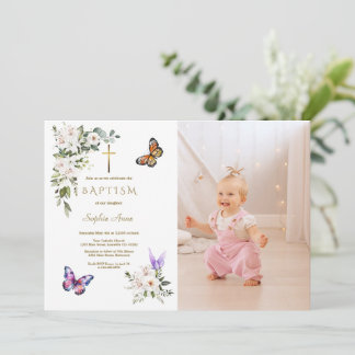 Convite Elegant White Lily Butterfly Girl Photo Baptism
