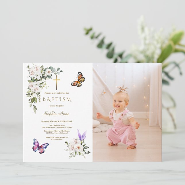 Convite Elegant White Lily Butterfly Girl Photo Baptism (Em pé/Frente)