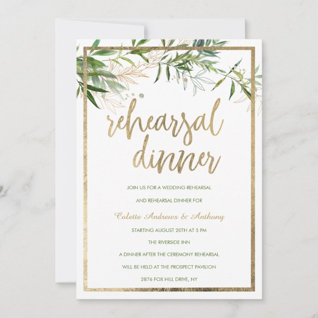 Convite Elegant white mint gold foliage Rehearsal Dinner (Frente)