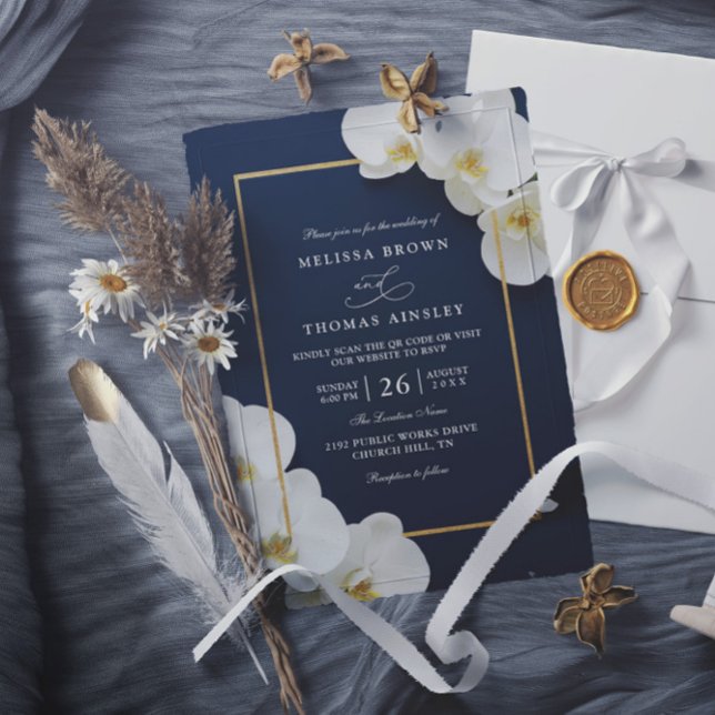 Convite elegant white orchid blooms chic qr code wedding (Criador carregado)