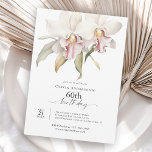 Convite Elegant White Orchids Floral 60th Birthday<br><div class="desc">A beautiful tropical 60th birthday party invitation featuring watercolor floral white orchids with tinges of pink. This feminine tropical theme is a beautiful choice for celebrating a special milestone birthday. Trendy type face pairings make your text pop with style. Personalize the easy to use text template with your event details....</div>