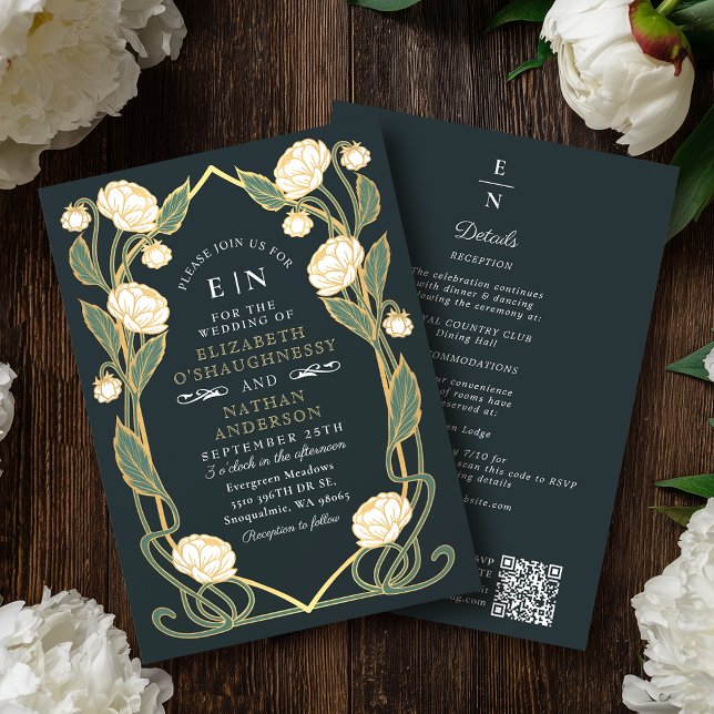 Convite Elegant White Peony Art Nouveau QR Code Wedding (Criador carregado)