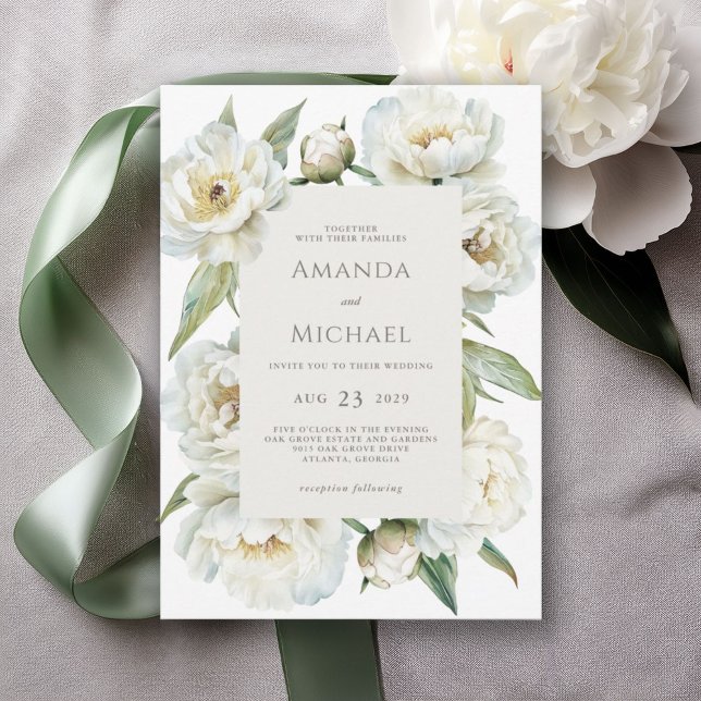 Convite Elegant White Peony & Sage Green Floral Wedding (Available in both printed and instant download digital formats.)