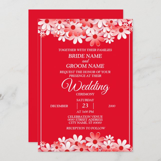 Convite Elegant White Red Floral Wedding (Frente/Verso)
