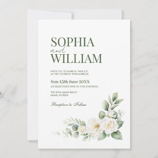 Convite Elegant White Rose Floral Wedding Invitation with 