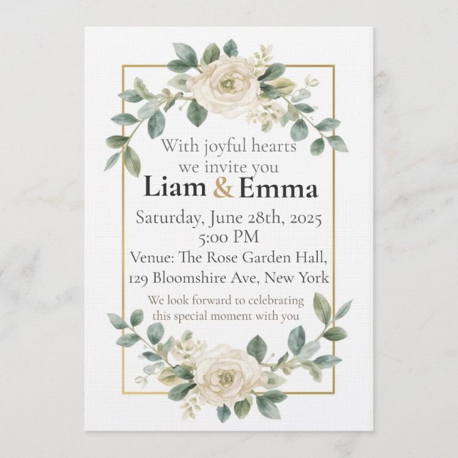 Convite Elegant White Rose Greenery Wedding Invitation (Frente)