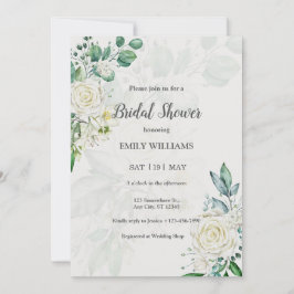 Convite Elegant White Roses Watercolor Bridal Shower