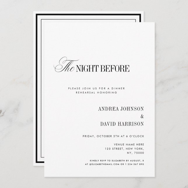 Convite Elegant White The Night Before Rehearsal Dinner (Frente/Verso)