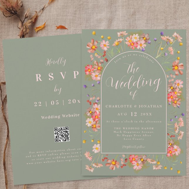 Convite Elegant Wildflower Arch Sage Green Blush Wedding (Elegant Wildflower floral arch sage green and blush pink Wedding qr code invitation )