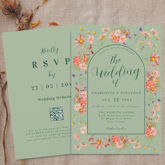 Convite Elegant Wildflower Arch Sage Green Wedding (Wildflower elegant floral arch sage green Wedding qr code invitation Boho fall rustic meadow flowers)