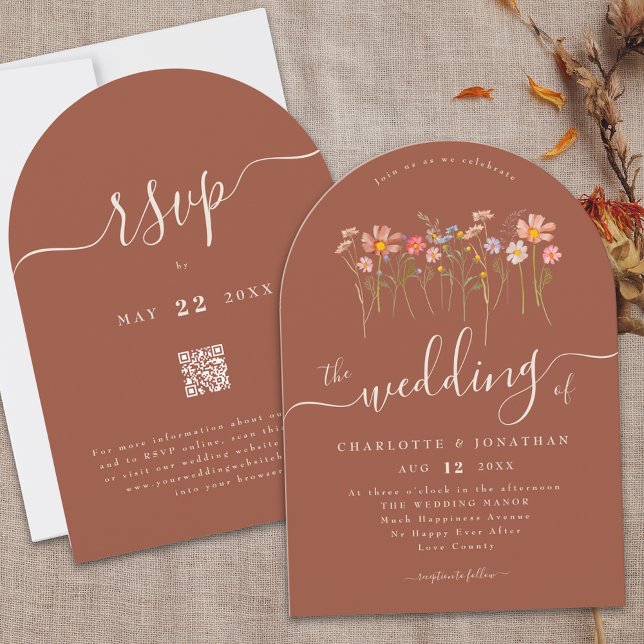 Convite Elegant Wildflower Boho Terracotta QR Code Wedding (Elegant boho fall Wildflower floral terracotta rust qr code Wedding arch invitation Whimsical script)