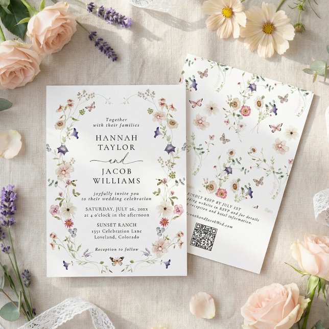 Convite Elegant Wildflower Floral QR Code Wedding (Criador carregado)