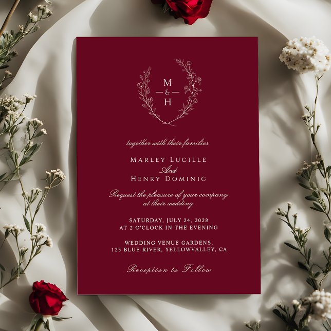 Convite Elegant Wildflower Monogram Burgundy Wedding (Criador carregado)