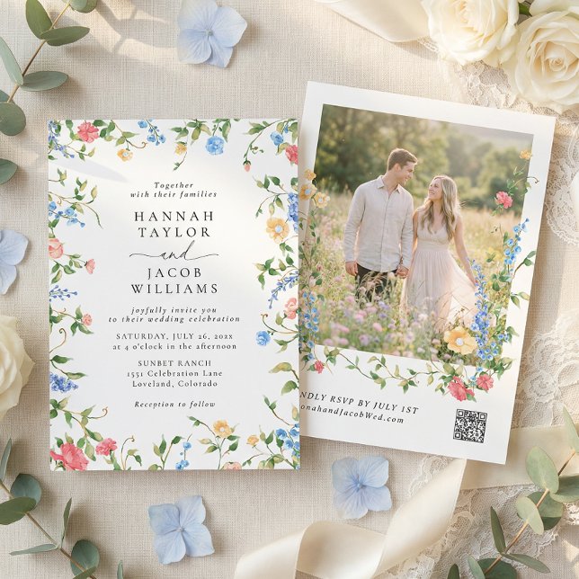 Convite Elegant Wildflower Photo QR Code RSVP Wedding (Criador carregado)