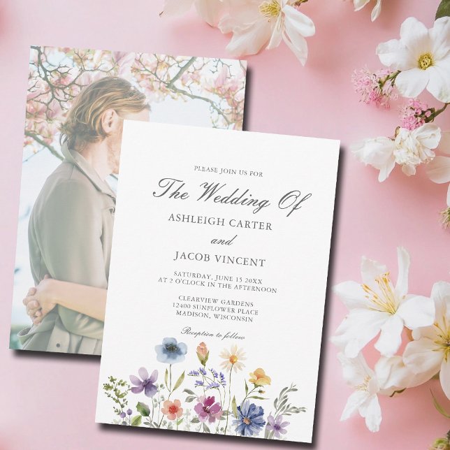 Convite Elegant Wildflower Spring Wedding with Photo Back (Criador carregado)