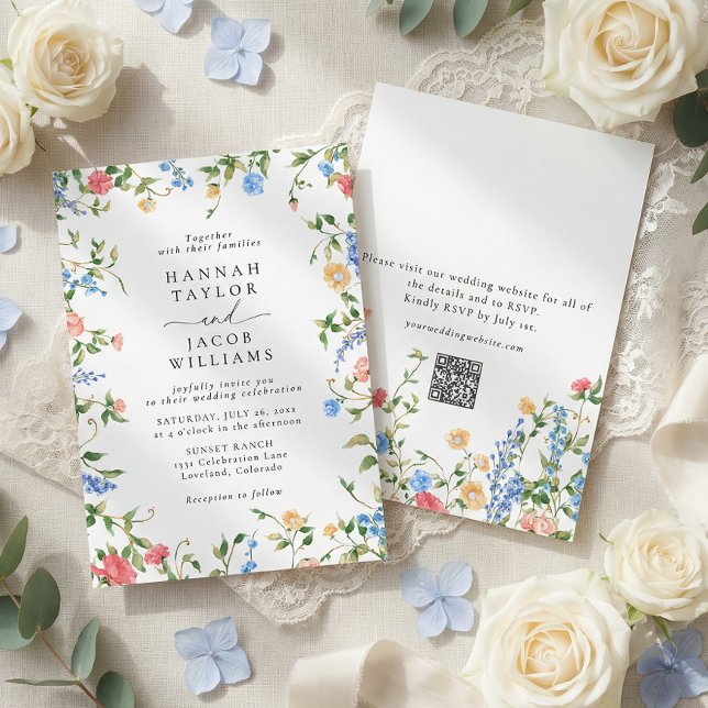 Convite Elegant Wildflower Summer QR Code RSVP Wedding (Criador carregado)