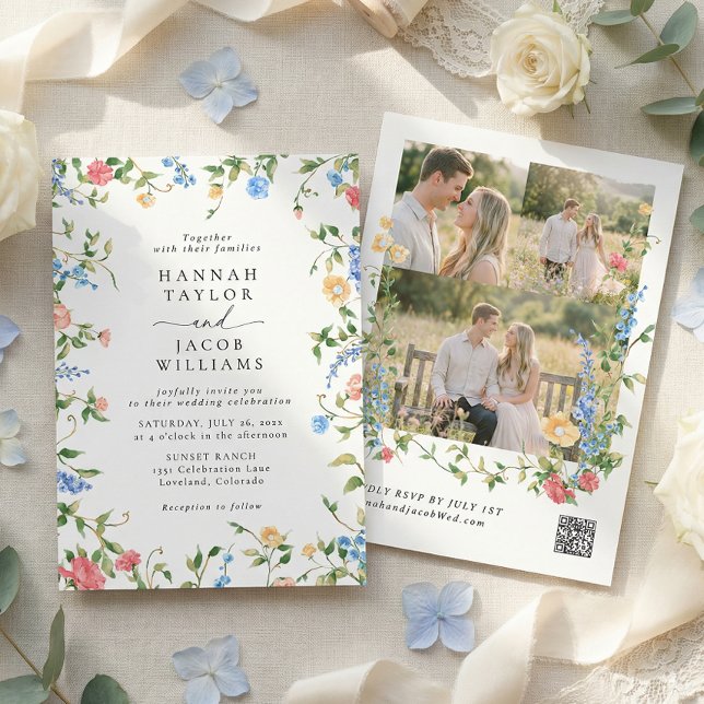 Convite Elegant Wildflower Three Photo RSVP Wedding (Criador carregado)
