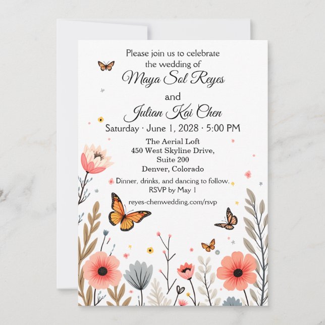 Convite Elegant Wildflowers And Butterflies Wedding  (Frente)