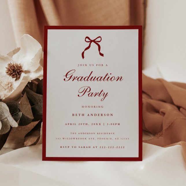 Convite Elegant Wine Red Coquette Bow Graduation Party (Criador carregado)