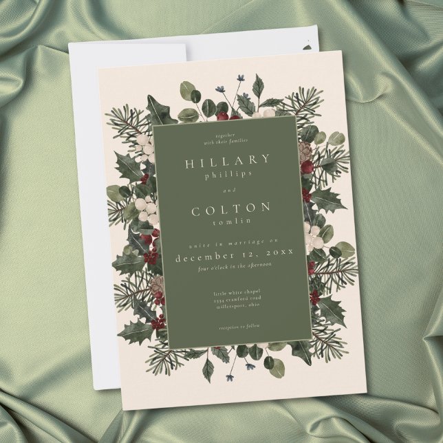 Convite Elegant Winter Berries & Pine Ivory Wedding (Elegant Winter Berries & Pine Ivory Wedding Invitation)