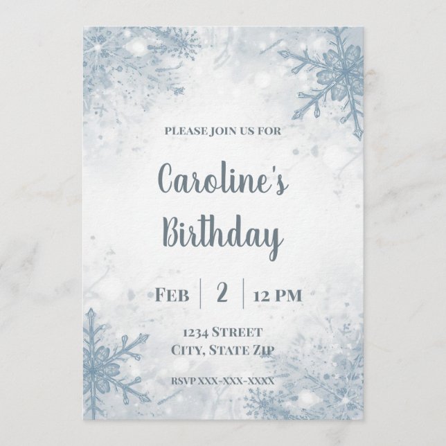 Convite Elegant Winter Birthday Invitation – Snowflakes (Frente)