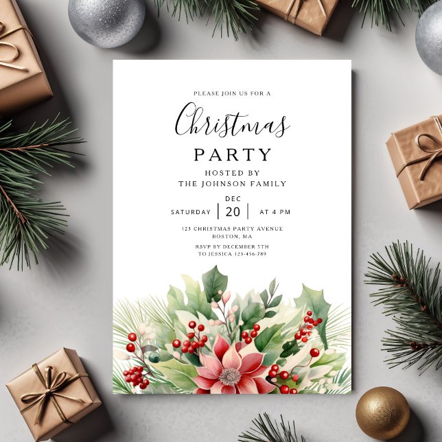 Convite Elegant Winter Botanical Christmas Party  (Elegant Winter Botanical Christmas Party Invitation)