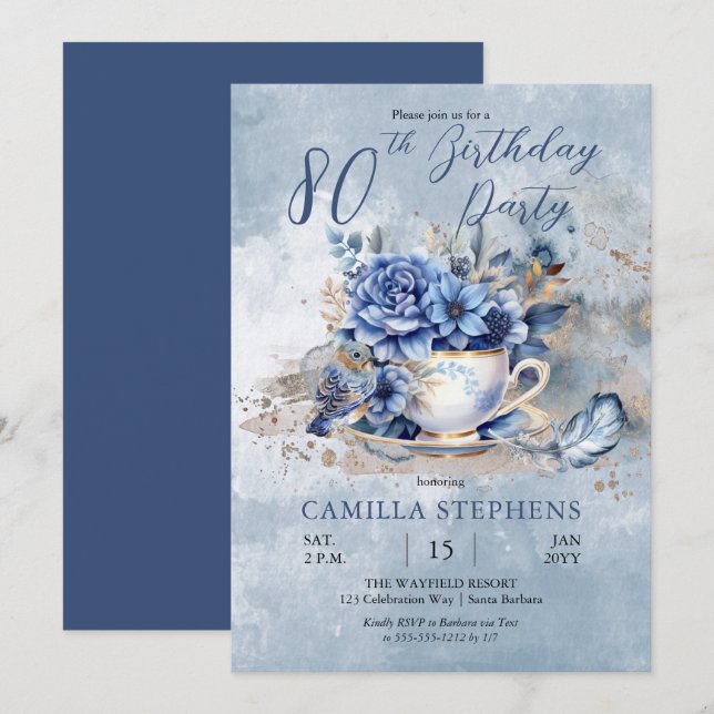 Convite Elegant Winter Floral Teacup 80th Birthday Party (Frente/Verso)