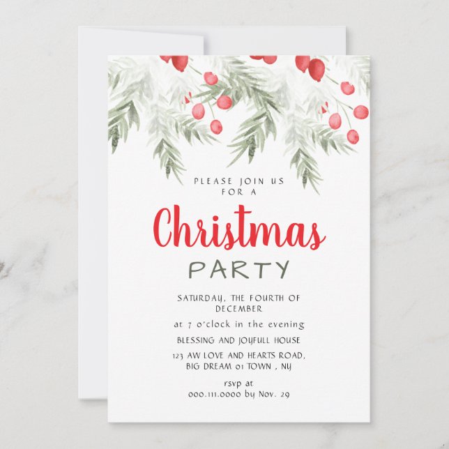 Convite Elegant Winter Greenery Watercolor Christmas Party (Frente)