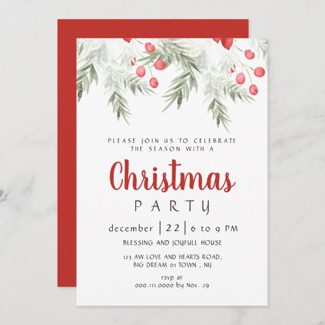Convite Elegant Winter Greenery Watercolor Christmas Party (Frente/Verso)