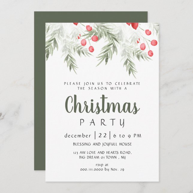 Convite Elegant Winter Greenery Watercolor Christmas Party (Frente/Verso)