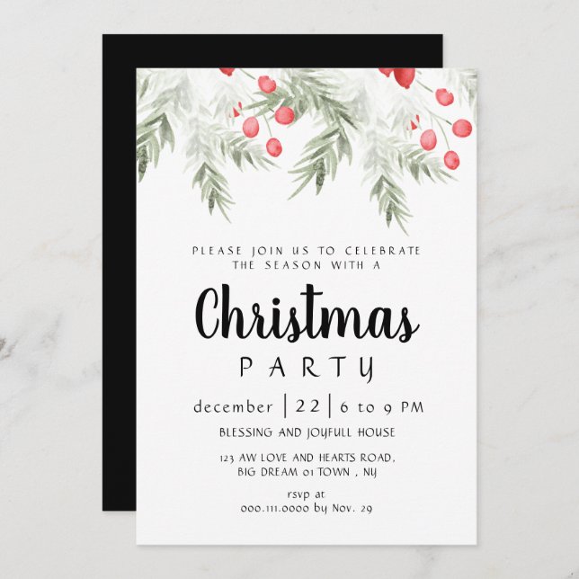 Convite Elegant Winter Greenery Watercolor Christmas Party (Frente/Verso)
