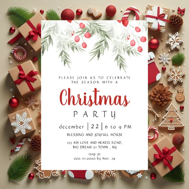 Convite Elegant Winter Greenery Watercolor Christmas Party (Criador carregado)