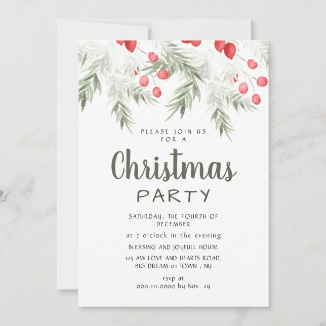 Convite Elegant Winter Greenery Watercolor Christmas Party (Frente)