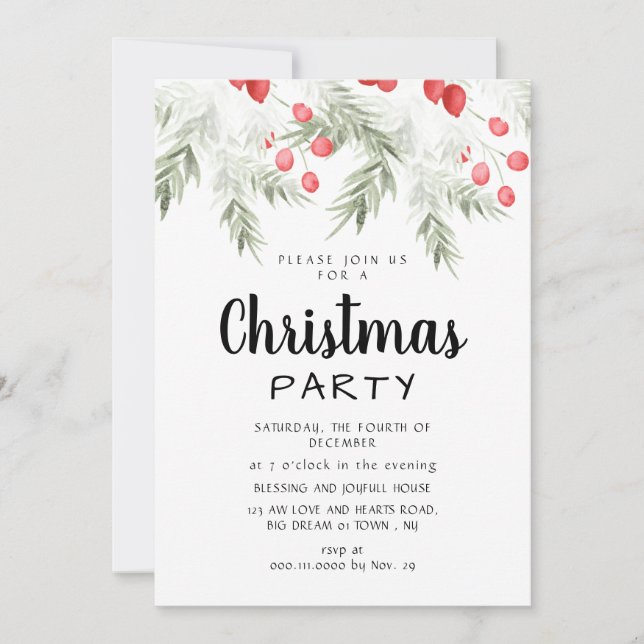 Convite Elegant Winter Greenery Watercolor Christmas Party (Frente)