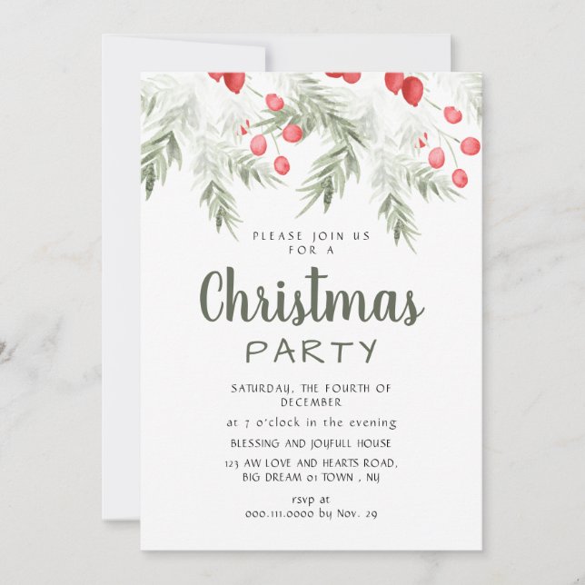 Convite Elegant Winter Greenery Watercolor Christmas Party (Frente)