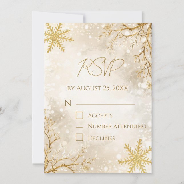 Convite Elegant Winter RSVP Card | Ivory & Gold Snowflake (Frente)