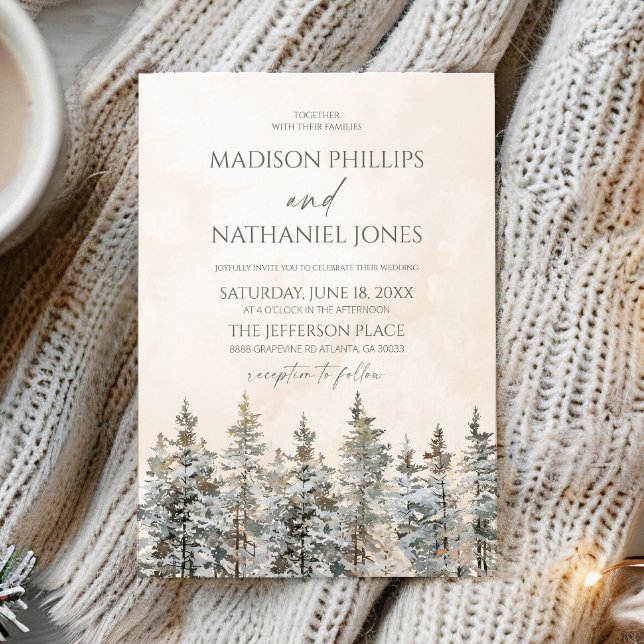 Convite Elegant Winter Snowy Pine Tree Landscape Wedding (Criador carregado)