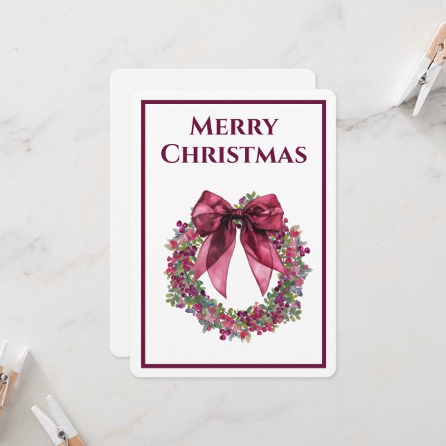 Convite Elegant Wreath and Burgundy Bow Christmas (Frente/Verso In Situ)
