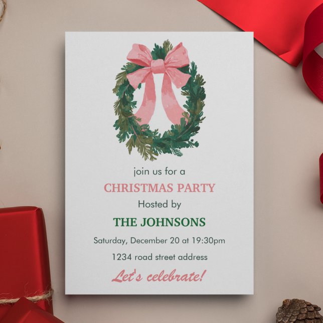 Convite Elegant Wreath & Bow Christmas Party Invitation  (Criador carregado)