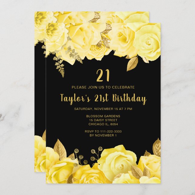 Convite Elegant Yellow and Gold Flowers Birthday Party (Frente/Verso)