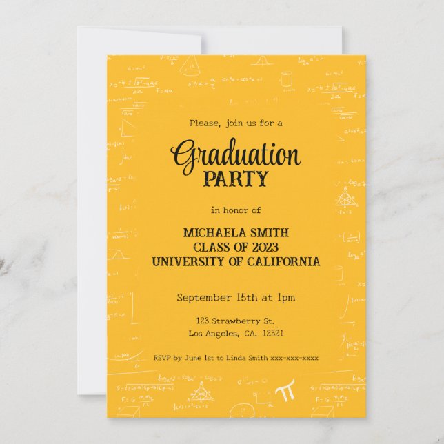 Convite Elegant Yellow Hand-Lettering Math Graduation (Frente)