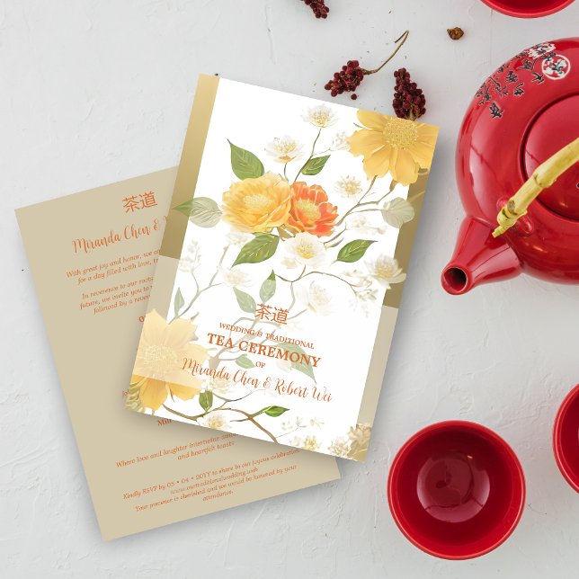 Convite Elegant Yellow & Orange Shades Floral Chinese Tea  (Elegant Yellow & Orange Shades Floral Chinese Tea Ceremony and Wedding Invitation with Envelope.)