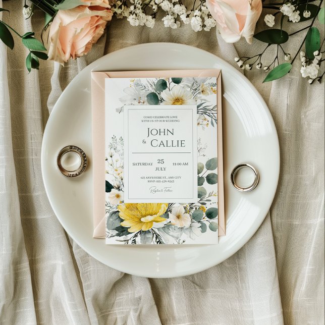 Convite Elegant Yellow White Floral Eucalyptus Watercolor (Criador carregado)