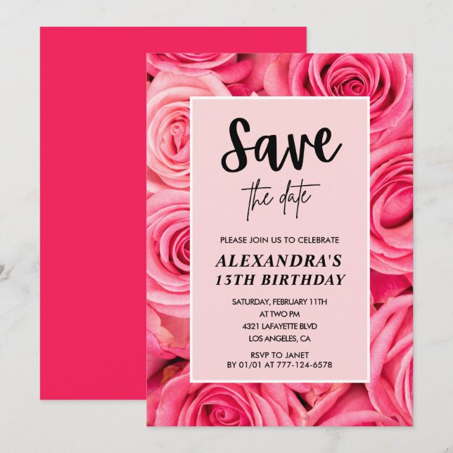Convite Elegante 13 de aniversário Floral Rosa Salve a dat (Frente/Verso)