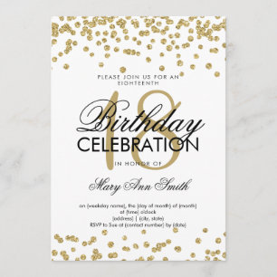 Convite Elegante 18.º aniversário Dourado Glitter Confetti