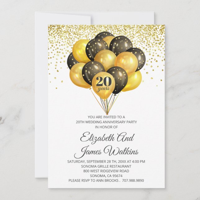 Convite Elegante 20º Aniversário de Casamento Dourado e Pr (Frente)